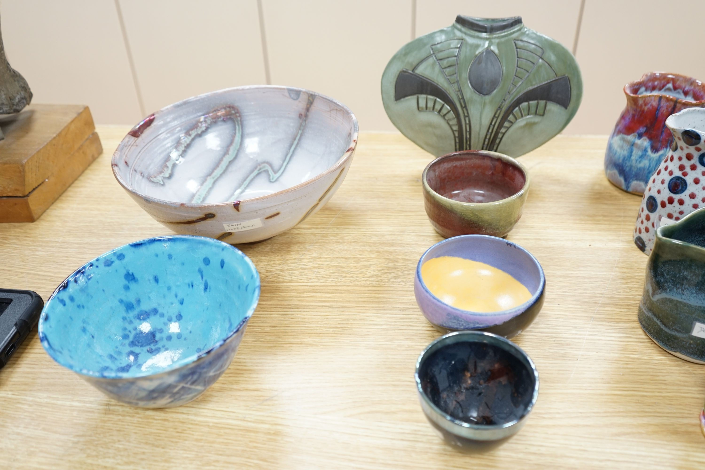 A group of studio pottery jugs, bowls and vases to include- 26cm